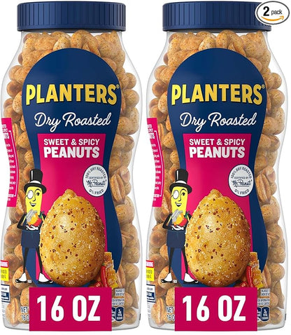 Planters Sweet and Spicy Peanuts, Party Snacks, Plant-Based Protein, 16 oz Jar (Pack of 2)