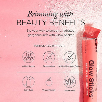 Serovital Glow Sticks Sugar-Free Powder Drink Mix with Hyaluronic Acid Ceramides Electrolytes for Skin Hydration in 14 Days Sun-Kissed Citrus Flavor 28 Packets