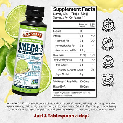 Barlean's Omega 3 Fish Oil Liquid Supplement for Men and Women, 1500mg of EPA and DHA Fatty Acid, Promotes Brain & Heart Health - Non-GMO, Key Lime Pie, 8 oz