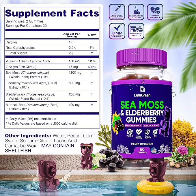 Irish Sea Moss Gummies – Sea Moss Bladderwrack Burdock Elderberry – 60 Vegan Seamoss Bears – Elderberry Gummies for Kids & Adults with Vitamin C & Zinc (Pack of 2)