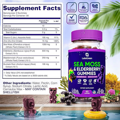 Irish Sea Moss Gummies – Sea Moss Bladderwrack Burdock Elderberry – 60 Vegan Seamoss Bears – Elderberry Gummies for Kids & Adults with Vitamin C & Zinc (Pack of 2)