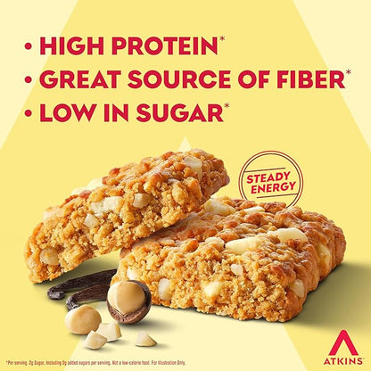 Atkins Soft Baked High Protein Bars, Vanilla Macadamia Nut Flavor, 15g Protein, 4g Net Carbs, 2g Sugar, Excellent Source of Fiber, High Protein, 6 pack (4 bars each)
