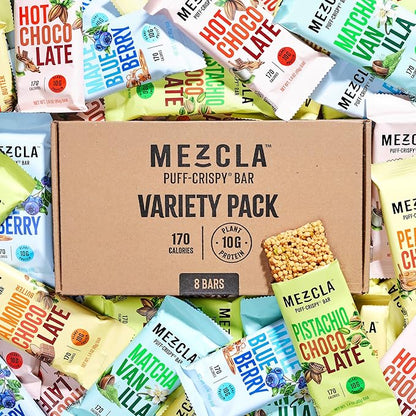 Mezcla Puff-Crispy Plant Based Protein Bars - Variety Pack - Healthy Snacks for Adults & Kids - Granola Bars for School, Travel, & Office Snacks - Gluten Free, Vegan, Non GMO, 10g Protein - 8 Count