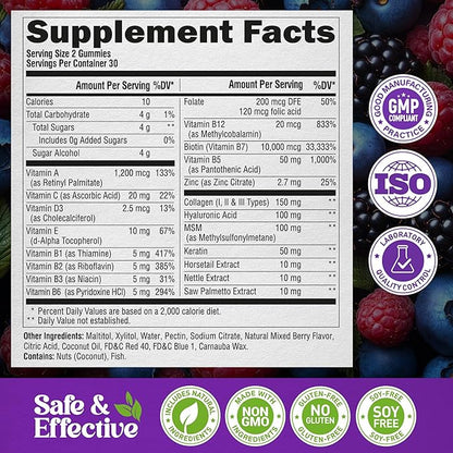 Biotin Gummies with Collagen - Hair Growth Support Skin, & Nail Strength - for Women & Men - Biotin 10000mcg | Keratin | Hyaluronic Acid | B-Complex | Saw Palmetto - Sugar-Free, Mixed Berry, Pack of 2