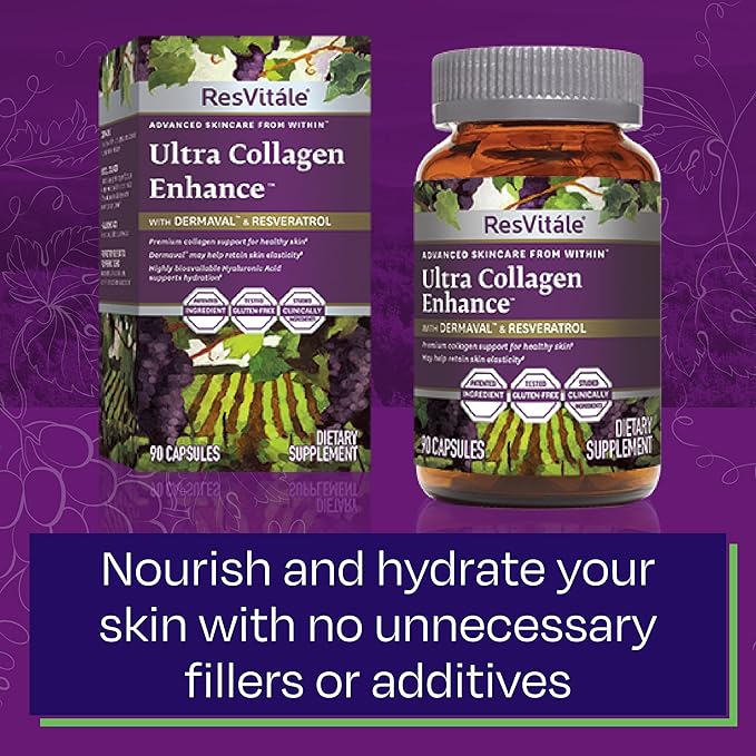ResVitále Ultra Collagen Enhance - Skin Care Supplement with Resveratrol - 90 Veggie Capsules