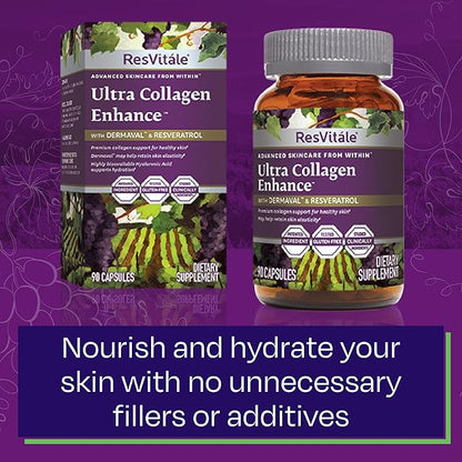 ResVitále Ultra Collagen Enhance - Skin Care Supplement with Resveratrol - 90 Veggie Capsules