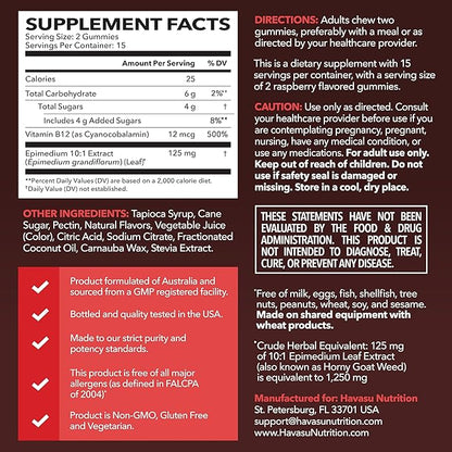 Horny Goat Weed Gummies with Vitamin B12 - Energy, Endurance & Performance Support for Male Health - 30 Count - Vegetarian-Friendly, Non-GMO, Pectin-Based - Raspberry Flavor, 15 Servings