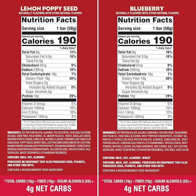 Atkins Soft Baked High Protein Bars, Lemon Poppyseed & Blueberry Flavors, 15g Protein, 4g Net Carbs, 2g Sugar, Keto Snacks, Low Sugar Protein Bars, High Fiber Snacks, 12 pk (6 bars each flavor)