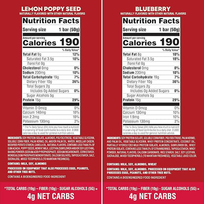 Atkins Soft Baked High Protein Bars, Lemon Poppyseed & Blueberry Flavors, 15g Protein, 4g Net Carbs, 2g Sugar, Keto Snacks, Low Sugar Protein Bars, High Fiber Snacks, 12 pk (6 bars each flavor)