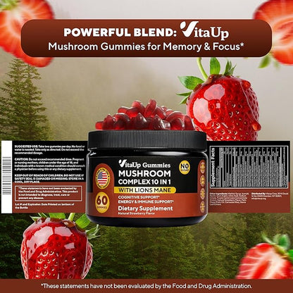 VitaUp Mushroom Supplement - USA Made 10 in 1 Mushroom Gummies - Mushroom Complex with Lions Mane, Cordyceps, Turkey Tail, Reishi, Shiitake for Cognitive & Immune Support - 60 Count
