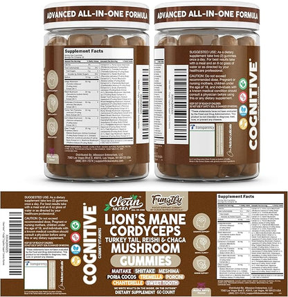 Clean Nutra Lions Mane Mushroom Gummies Cordyceps Supplement for Memory and Focus Immune Support Vitamins Reishi Chaga Turkey Tail Mushrooms Gummy Shiitake Maitake Meshima Supplements