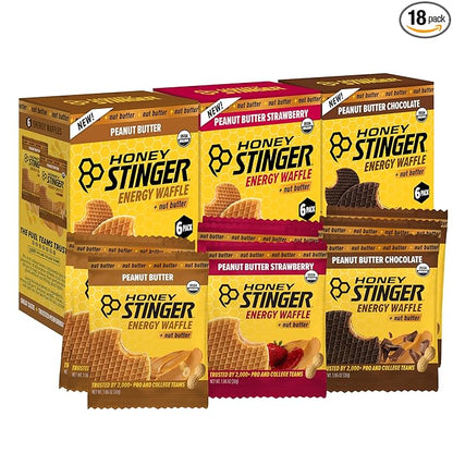 Honey Stinger Organic Peanut Butter Energy Waffle Variety Pack of 18, 6 Pack Each of Peanut Butter, PB Chocolate and PB Strawberry, Nutritious Stroopwafel Snack for Exercise, Endurance and Performance