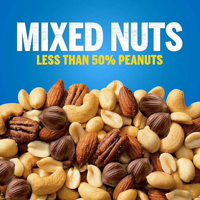 PLANTERS Salted MixedNuts, Peanuts, Almonds, Cashews,BrazilNuts and Pecans, PartySnack, Plant-Based Protein, Quick Snackfor Adults, After SchoolSnack, Bulk Nuts, Kosher,56oz Canister (Pack of 2)