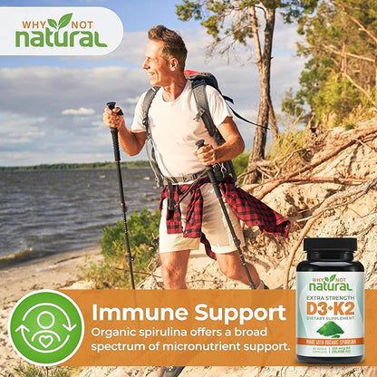 Why Not Natural Vitamin D3 K2 (MK-7) with Organic Spirulina, 10000 IU Extra Strength Supplement in Veggie Capsules, Supports Bone Health, Immune System and Mood