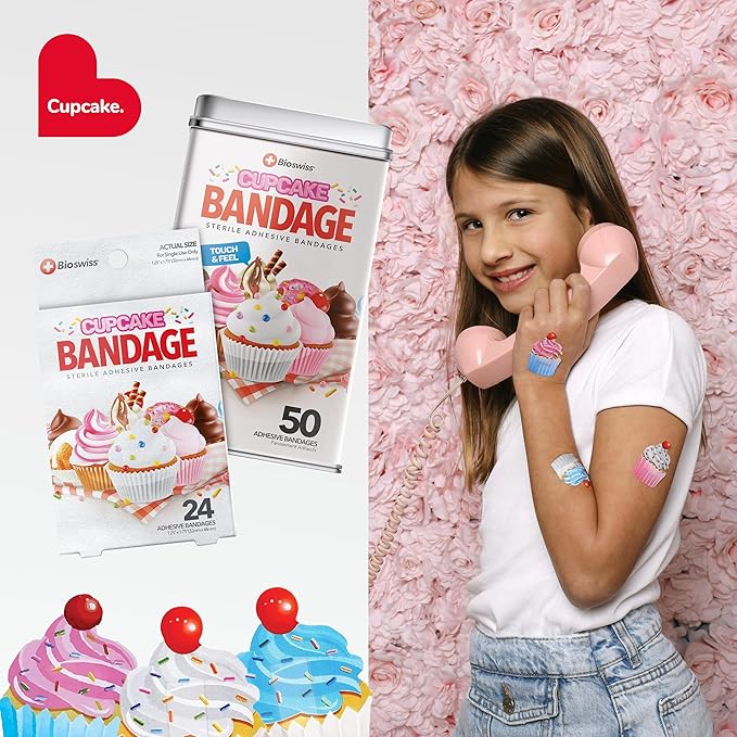 BioSwiss Bandages, Cupcake Shaped Self Adhesive Bandage Set, Latex Free, Sterile Wound Care, 24 Count
