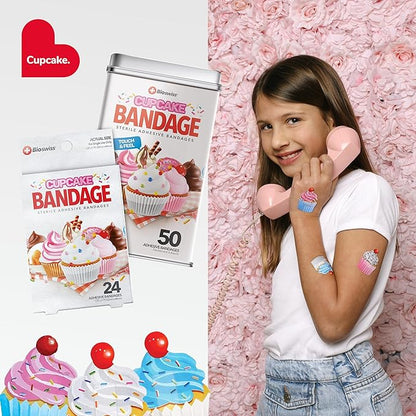 BioSwiss Bandages, Cupcake Shaped Self Adhesive Bandage Set, Latex Free, Sterile Wound Care, 24 Count
