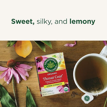 Traditional Medicinals Tea, Organic Throat Coat Lemon Echinacea, Supports Throat Health & Immune Function - Kosher, Non-GMO, Caffeine-Free, Compostable - 96 Tea Bags (3 Pack)