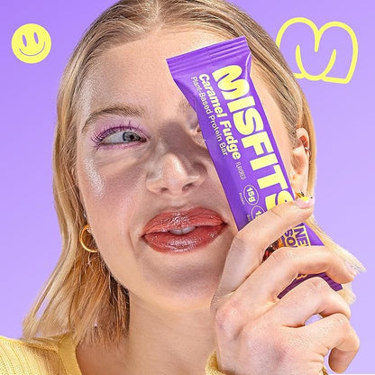 Misfits Vegan Protein Bars - Sweet Caramel Fudge | Nutrition Bars - 15g Protein, 1g Sugar, Plant-based, Low Carb, Non-GMO, Gluten Free Snacks | Pack of 12