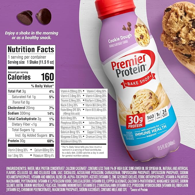 Premier Protein Shake, Cookie Dough, 30g Protein, No Added Sugar, 24 Vitamins & Minerals to Support Immune Health, 11.5 fl oz, 1 Pack (Packaging May Vary)