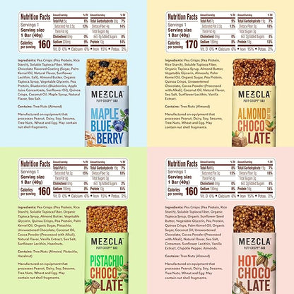 Mezcla Puff-Crispy Plant Based Protein Bars - Variety Pack - Healthy Snacks for Adults & Kids - Granola Bars for School, Travel, & Office Snacks - Gluten Free, Vegan, Non GMO, 10g Protein - 8 Count