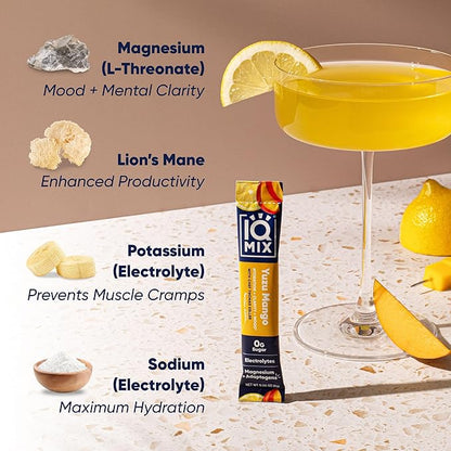 IQMIX x Chef Thomas Keller - Hydration Electrolyte Powder – 4-in-1 Formula for Hydration, Mental Clarity, Mood and Recovery – Sugar-Free, Keto, Magnesium L-Threonate, Lion’s Mane – 20 Count Yuzu Mango