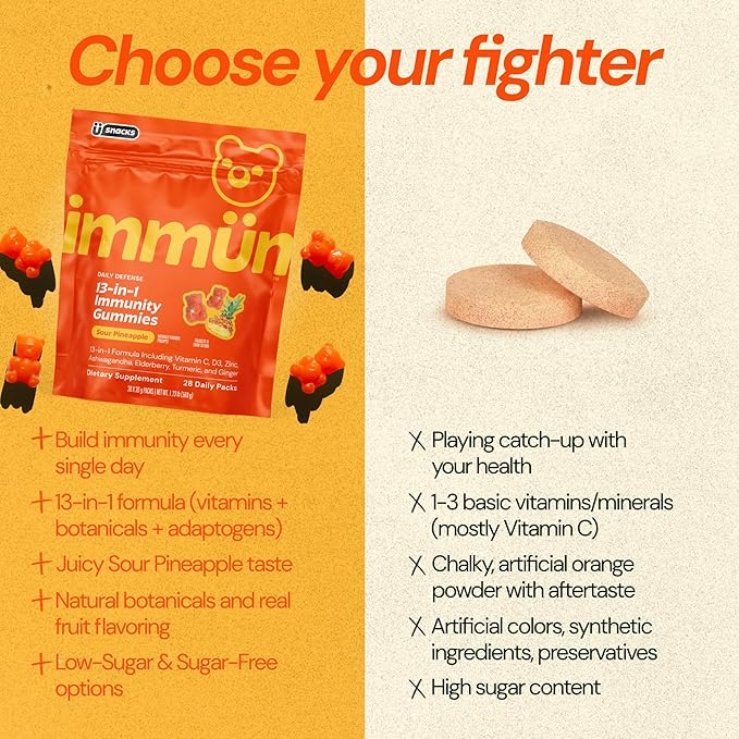 Grüns Immun Immunity Gummies with Vitamin C, Zinc, MCT Oil, & Turmeric - Daily Immune Support Supplement for Adults - Sour Pineapple Flavor (28 Count)
