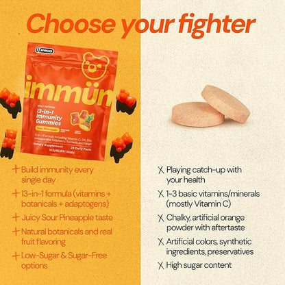 Grüns Immun Immunity Gummies with Vitamin C, Zinc, MCT Oil, & Turmeric - Daily Immune Support Supplement for Adults - Sour Pineapple Flavor (28 Count)