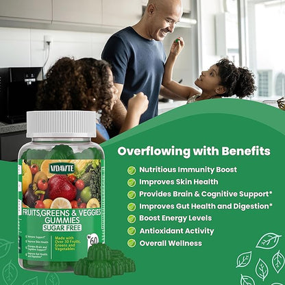 VIDAVITE Sugar-free Super Greens Gummies — US-Made, 35+ Fruit and Veggie gummies to Boost Immunity, Skin & Gut Health — Ideal Fruits and Vegetables Supplement for Adults & Picky Teens (30-Days Supply)