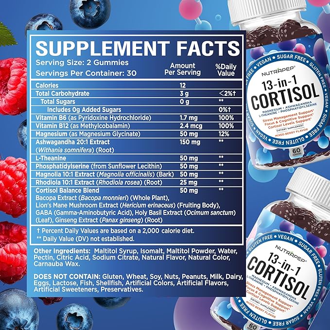 Cortisol Gummies for Women Men - 13-in-1 High Cortisol Reducer with Ashwagandha Magnesium L-theanine Rhodiola Rosea - Daily Cortisol Detox Manager for Stress Focus Support - Vegan Sugar Free
