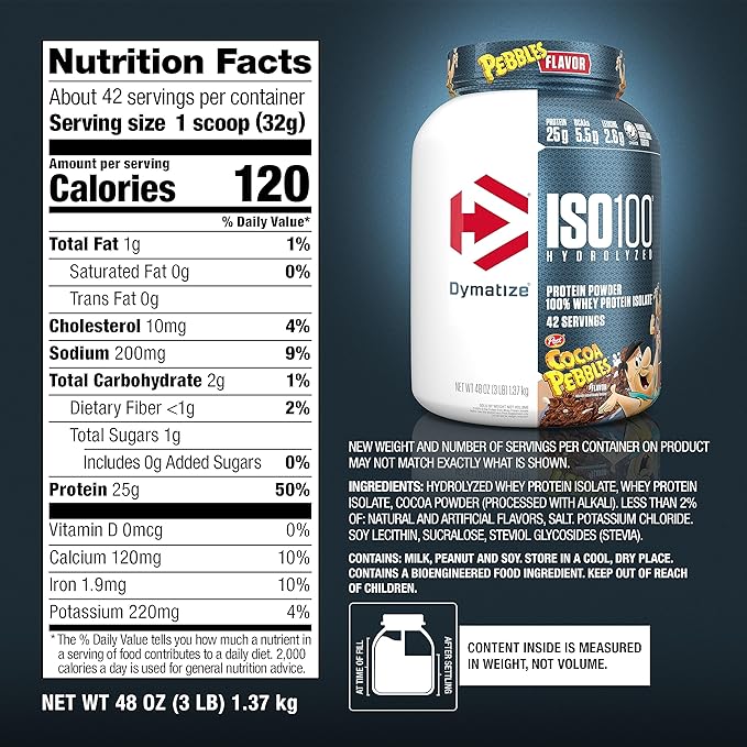 Dymatize x Cocoa Pebbles ISO100 Whey Protein Powder Isolate, 25g of Protein, 5.5g BCAAs, 120 Cal., Gluten Free, 1g Fat, 1g Sugar, 2g Carb (42 Servings)