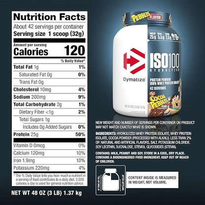 Dymatize x Cocoa Pebbles ISO100 Whey Protein Powder Isolate, 25g of Protein, 5.5g BCAAs, 120 Cal., Gluten Free, 1g Fat, 1g Sugar, 2g Carb (42 Servings)