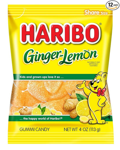 HARIBO Gummi Candy, Ginger-Lemon Gummy Candy, 4 Ounce Share Size Bags (Pack of 12) Delicious Soft & Chewy Sweet Snacks, Zesty Lemon & Warm Ginger Flavor