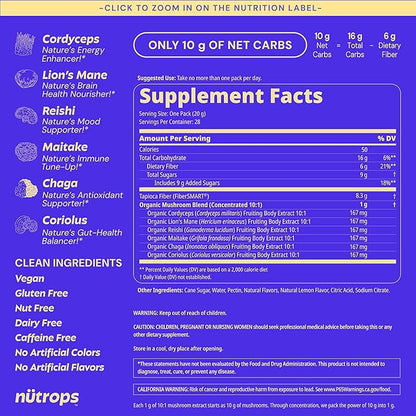 Grüns Nutrops Lions Mane Mushroom Gummies for Adults, Functional Nootropics, Herbal Brain Supplement for Energy, Brain Health, Cognitive, Memory & Focus, Reishi, Chaga, Cordyceps, Coriolus, 28 Count