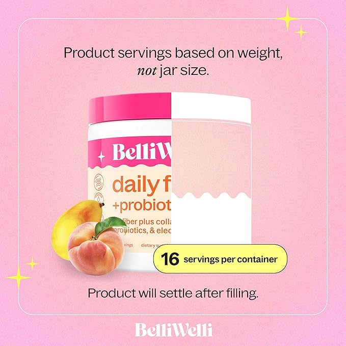 BelliWelli Fiber Supplement for Women & Men – Premium Daily Fiber Powder from Organic Acacia with Added Collagen, Electrolytes & Probiotics – No Bloat, Constipation & Gut Health Support (Peach Mango)