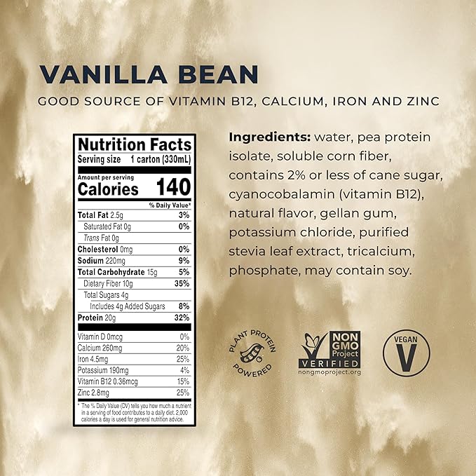 Evolve Plant Based Protein Shake,Vanilla Bean,20g Vegan Protein,Dairy Free,No Artificial Sweeteners,Non-GMO,10g Fiber,11 Fl Oz (Formula May Vary),(Pack of 24)