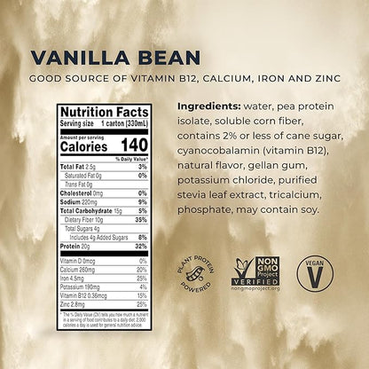 Evolve Plant Based Protein Shake,Vanilla Bean,20g Vegan Protein,Dairy Free,No Artificial Sweeteners,Non-GMO,10g Fiber,11 Fl Oz (Formula May Vary),(Pack of 24)