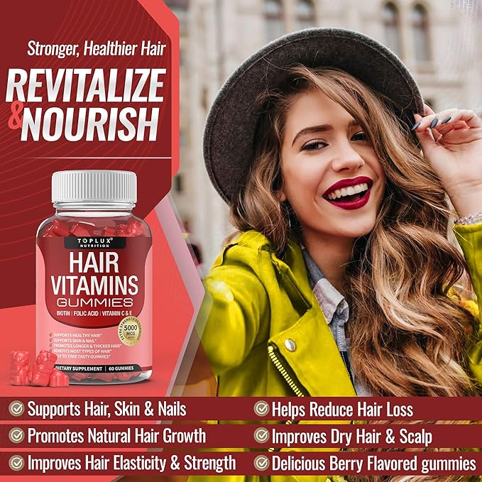 Hair Vitamin Gummies Supplement for Women & Men – Hair Growth Vitamins 5000mcg Biotin Gummies, Folic Acid, Vitamin C & E, Support Stronger & Thicker Hair, Skin, Nails, Non-GMO Vegam for, 60 Count