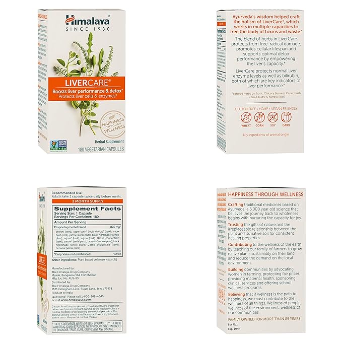 Himalaya LiverCare, 180 Day Supply - Herbal Liver Support Promoting Waste Elimination, Liver Cleanse, Detox, and Bile Production - Vegan, Non-GMO, Gluten Free, 375 mg, 180 Capsules (Pack of 2)