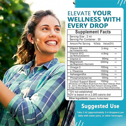 Cortisol Supplements for Women,19-in-1 Cortisol Supplement Liquid Drops w/Magnesium,L-Theanine,Ashwagandha,Omega-3, High Absorption Hormone Balanced for Women Drops - Sleep Focus Mood, Non-GMO