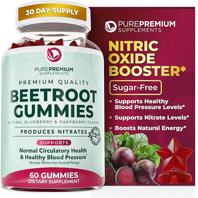 PurePremium Beet Root Gummies - 60 Sugar Free Chews - Nitric Oxide Beetroot Gummies | Natural Blueberry Flavor - Supplements for Normal Blood Pressure – 1 Month Supply
