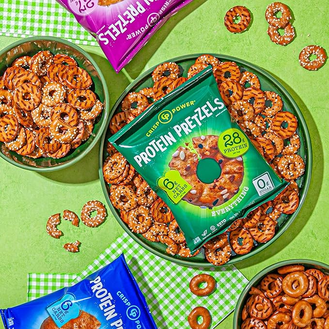 CRISP POWER Protein Pretzels, Variety Pack With Sea Salt, Sesame, & Everything, Up To 28G Protein, High Protein Snack, High Fiber, Low Carb Crunchy Pretzel Snacks, No Added Sugar, 1.75 oz Bags, 6 Pack, Vegan, Keto