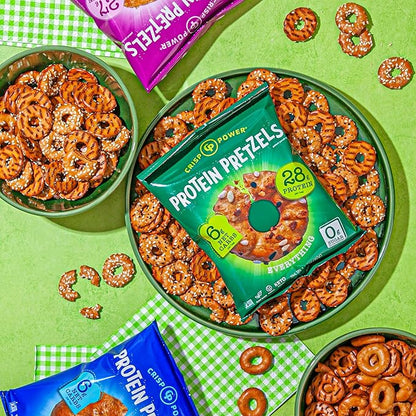 CRISP POWER Protein Pretzels, Variety Pack With Sea Salt, Sesame, & Everything, Up To 28G Protein, High Protein Snack, High Fiber, Low Carb Crunchy Pretzel Snacks, No Added Sugar, 1.75 oz Bags, 24 Pack, Vegan, Keto