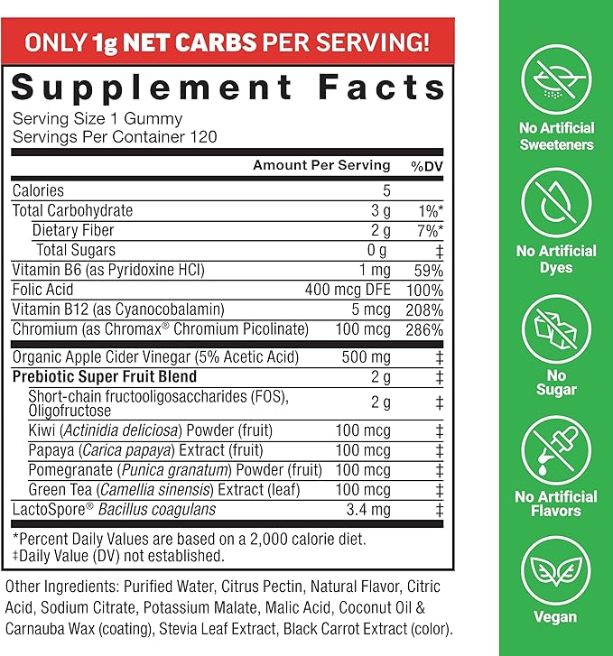 Force Factor ProbioSlim Keto ACV Gummies, Organic Apple Cider Vinegar Gummies with LactoSpore Probiotics & Prebiotics to Support Digestion, Metabolism, & Immune Health, 1 Net Carb, Apple Flavor, 120ct