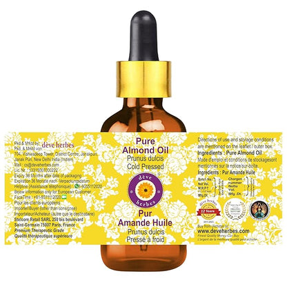 dève herbes Almond Oil (Prunus dulcis) with Glass Dropper | Cold Pressed | Pure | Natural | For Diluting Essential oils | For Skin & Massage | Non-Sticky | Lightweight | Unisex | 15ml (0.50 oz)