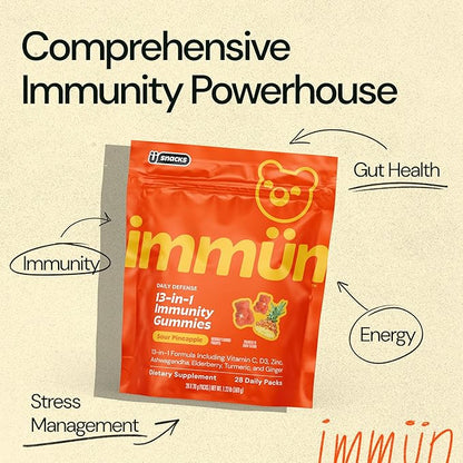 Grüns Immun Immunity Gummies with Vitamin C, Zinc, MCT Oil, & Turmeric - Daily Immune Support Supplement for Adults - Sour Pineapple Flavor (28 Count)