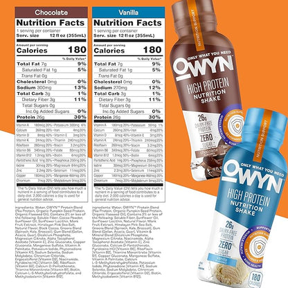 OWYN Only What You Need High Protein Shake, Chocolate and Vanilla Flavored, 26g Protein, 0g Sugar, 3g Fiber, Dairy Free, Plant Based Protein Drink, 12 Count