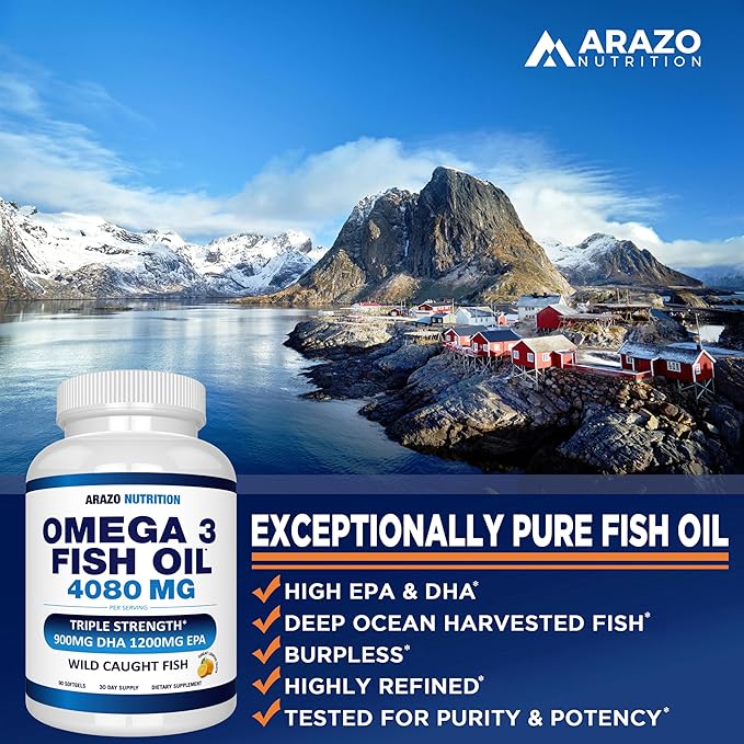 Arazo Nutrition Wild Caught Omega-3 Fish Oil Concentrate – 4,080mg per Serving – High EPA 1200mg & DHA 900mg – 90 Burpless Lemon Softgels