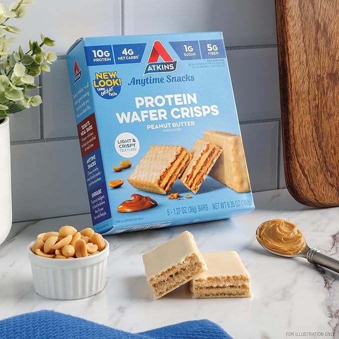Atkins Peanut Butter Protein Wafer Crisps, Protein Dessert, 4g Net Carb, 1g Sugar, Keto Friendly, 5 Count