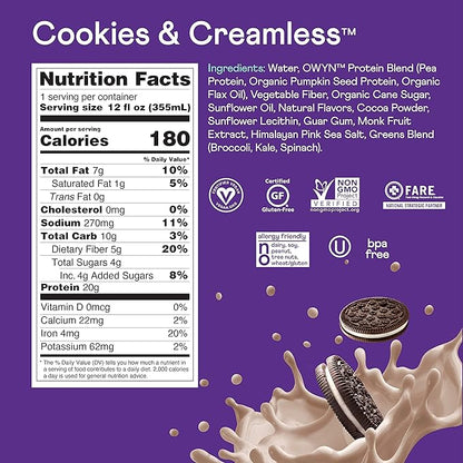 OWYN Only What You Need Plant Based Protein Shake, 20g Vegan Protein from Organic Pumpkin Seed, Flax, Pea Blend, Prebiotic Supplement, Superfood Greens, Gluten & Soy-Free (Cookies & Creamless)