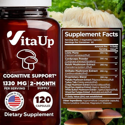VitaUp Mushroom Supplement - USA Made 10 in 1 Mushroom Complex - Mushroom Capsules with Lions Mane, Cordyceps, Turkey Tail, Reishi, Shiitake for Cognitive & Immune Support - 120 Count